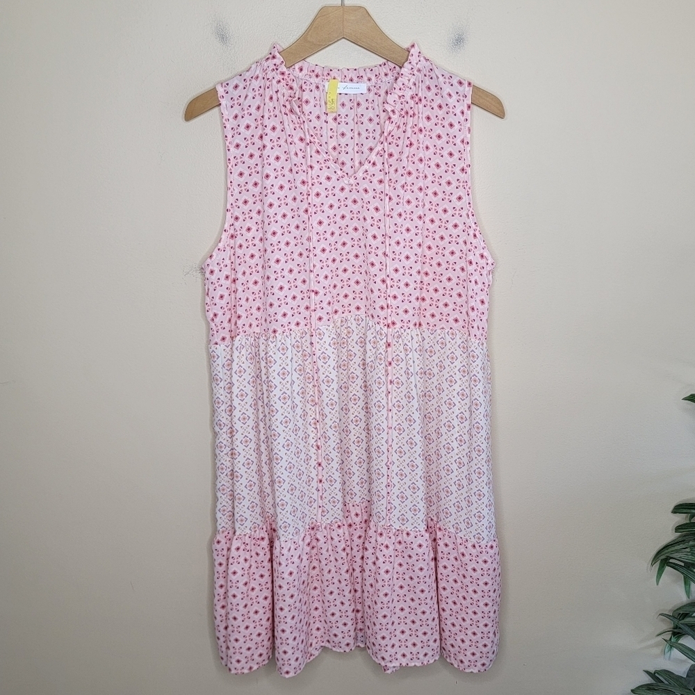 Ces Femme Pink Geometric Diamond Mixed Print Tiered Dress Boho
